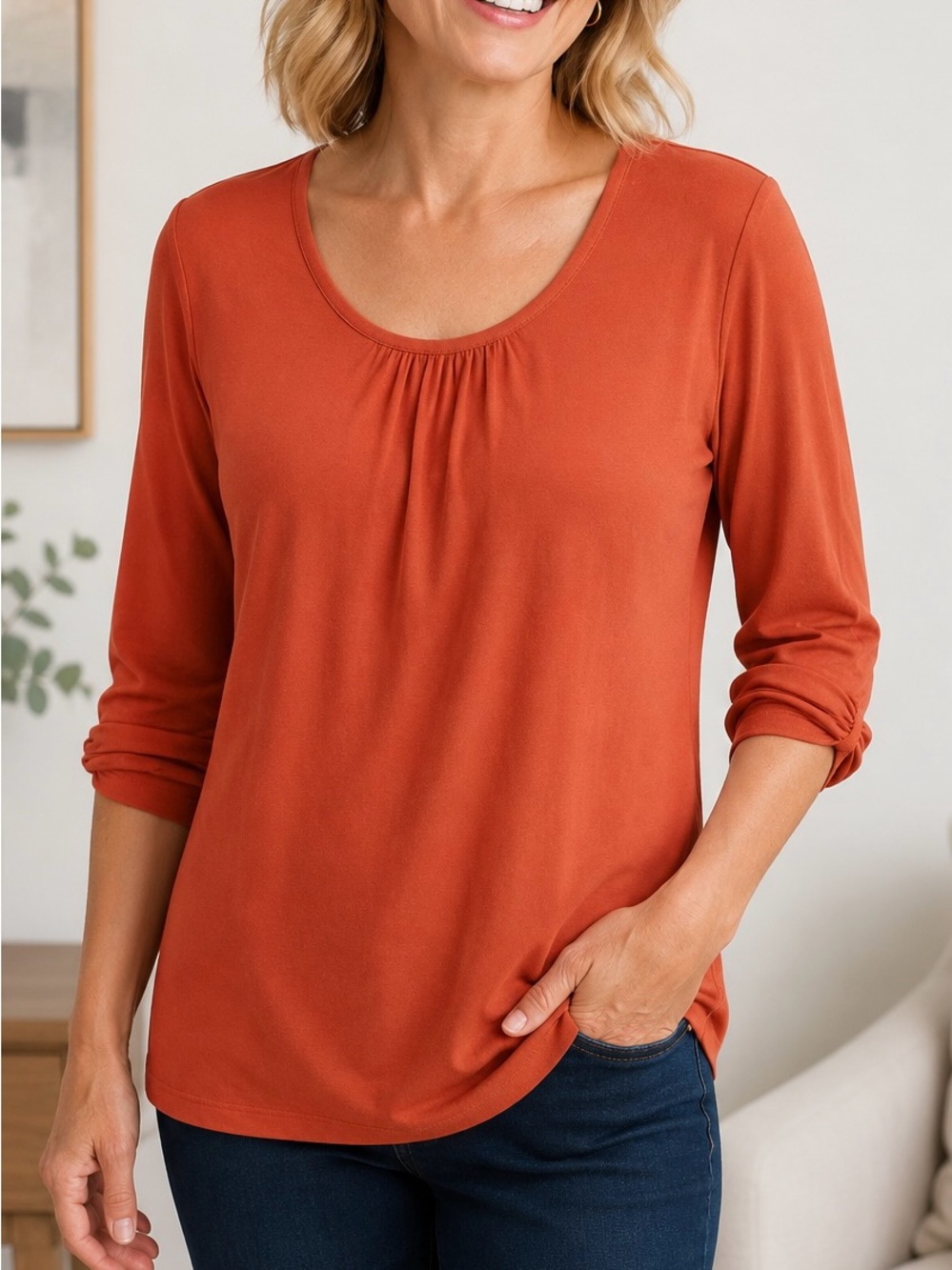 Susan Graver Orange Ruched Sleeve Stretch Top Women’s Large Scoop Neck Workwear